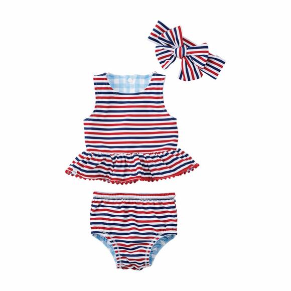 Mud Pie sz 6/9 months Red, White and Blue Girl's reversible Swimsuit Set bow - Picture 2 of 3